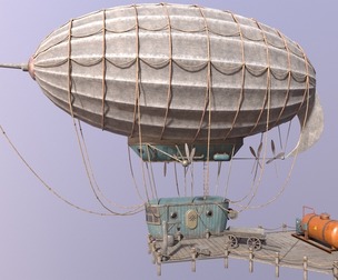 A low-poly 3D model of an airship in the port