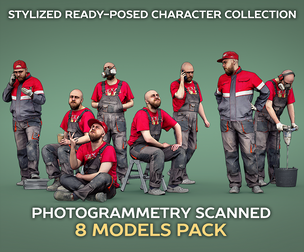 Bald Worker in Overalls and Red T-shirt model pack