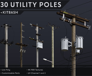 30 Low Poly Utility Poles + Kitbash