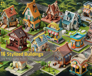 16 Stylized Buildings - Kitbash