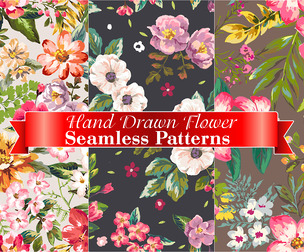 Hand Drawn Flowers, Watercolor Seamless Patterns