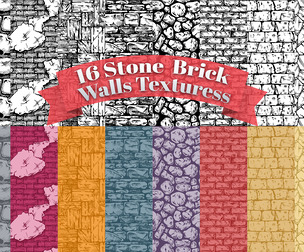 16 Stone Brick, Walls Textures, Seamless Pattern