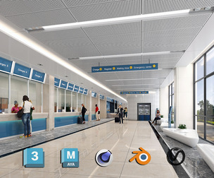 Airport Corridor Interior & Passengers 3D Scene - 3ds Max, V-Ray, Blender, C4D, Maya