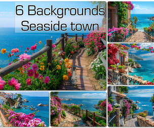 Seaside town with flowers, Ocean Background