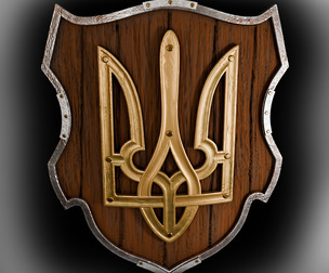 Shield of a warrior with a trident made of gold