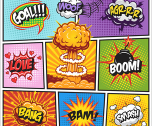 Vibrant comic-style explosion with pop art text bubbles