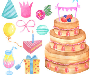 Colorful Watercolor Birthday Party Elements and Cake Illustration, EPS Vector