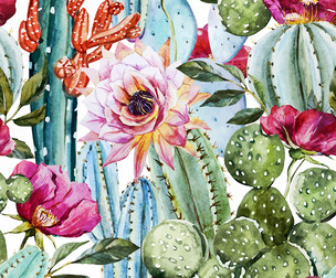 Colorful Watercolor Cactus and Floral Pattern Vector Art