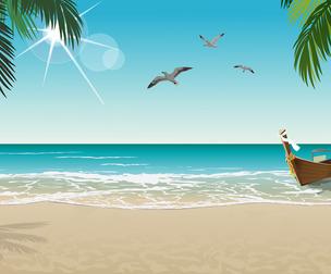 Idyllic Beach Scene with Palm Trees and Boat