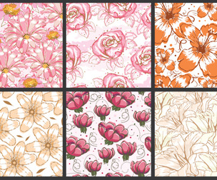 Watercolor Elegant Floral Seamless Patterns in Soft Pastel and Vibrant Orange Hues, EPS File