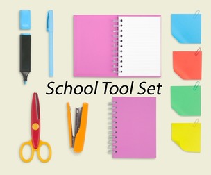 School Tool Set. Colorful School Supplies Set with Notebooks and Stationery. PSD File