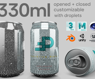 Regular 330ml Beverage Can Open and Closed Tabs with Droplets Low-poly 3D model