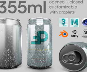 Regular 355ml Beverage Can Open and Closed Tabs with Droplets Low-poly 3D model