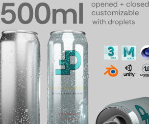 Regular 500ml Beverage Can Open and Closed Tabs with Droplets Low-poly 3D model