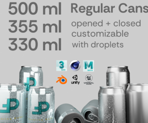 Regular Beverage Cans Set Open and Closed Tabs with Droplets 3D Model Collection