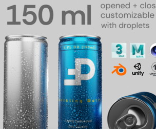 Slim 150ml Beverage Can Open and Closed Tabs with Droplets Low-poly 3D model