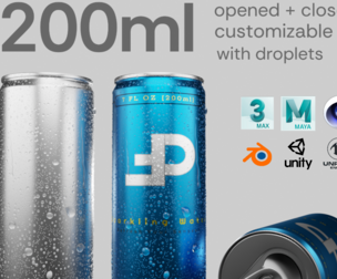 Slim 200ml Beverage Can Open and Closed Tabs with Droplets Low-poly 3D model
