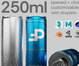 Slim 250ml Beverage Can Open and Closed Tabs with Droplets Low-poly 3D model