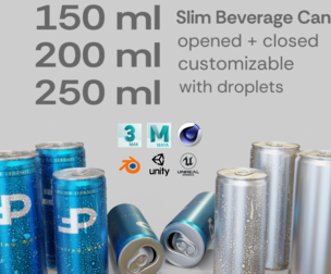 Slim Beverage Cans Set Open and Closed Tabs with Droplets 3D Model Collection