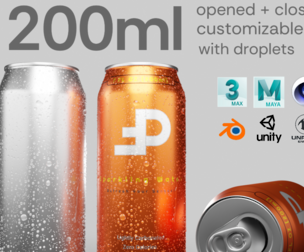Sleek 200ml Beverage Can Open and Closed Tabs with Droplets Low-poly 3D model