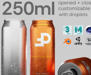 Sleek 250ml Beverage Can Open and Closed Tabs with Droplets Low-poly 3D model