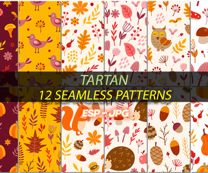 12 Autumn-Inspired Seamless Patterns Featuring Woodland Animals and Leaves