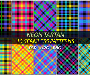 10 Vibrant Neon Tartan Seamless Patterns Collection, Creative Design