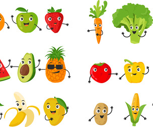 Cartoon Vegetables With Happy Faces and Cartoon Expression, Vector EPS