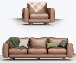 80S Brown Leather Sofa And Armchair Set