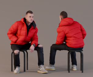 Guy in Red Puffer Jacket and Jeans with Torn Knees Sitting