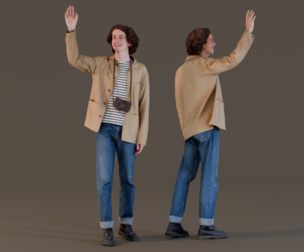 Friendly Photographer in Striped Shirt Waving