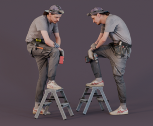 Worker in Gray Stands on a Stepladder