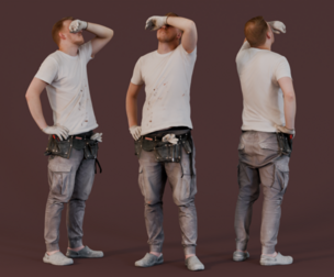 Worker in a White T-shirt Wipes Sweat