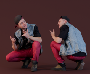 Street Style Squat with Denim and Red Pants