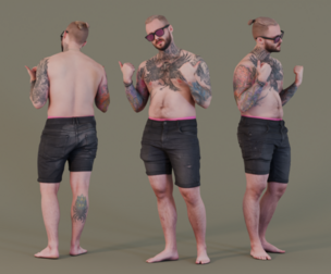 Tattooed Confidence in Black Denim Shorts