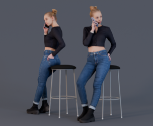 Buttoned Elegance - Chic Woman on Phone Sitting on a Bar Stool