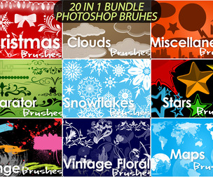 20 in 1 Bundle Photoshop Brushes - ABR, Christmas, Clouds, Flower, Snowflakes, Strokes, Stars