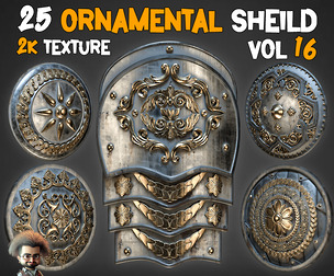 25 Ornamental Shield 3D Models and LowPoly and Texture  Vol 16