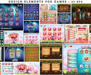 25 Design Elements for Games EPS Files, coins, crystals, boosters, buttons, arrow, heart, princess