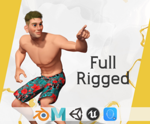 Cartoon young man in Swimming Trunks semi-realistic rendering