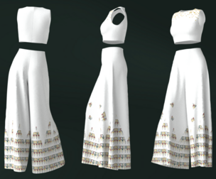 Pants and white blouse with an open belly with an Sadu print