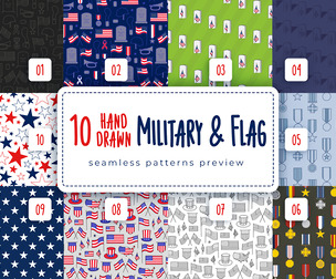 Collection Hand Drawn Military, Flag Seamless Pattern, Patriotic USA Textures