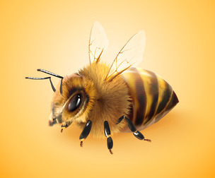 Close-Up Illustration Vibrant Honeybee, Bright Orange Background, Yellow Bee Insect, Natural World
