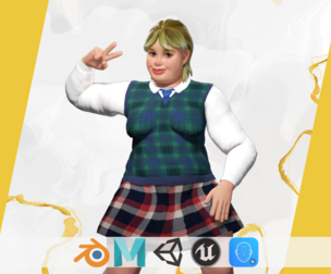 Plus-Size cartoon Student Girl with Uniform 3D Model
