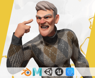 Grumpy elderly man character in winter sweater Artistic Realism
