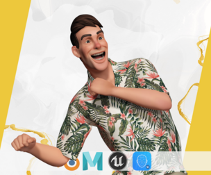 Stylized realism male celebration in Hawaiian shirt with energy