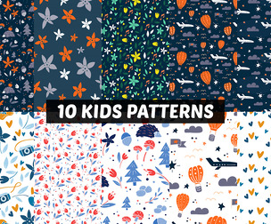 10 Colorful Kids Patterns, Fun Playful Vector Patterns, Seamless Children's illustrations, EPS File