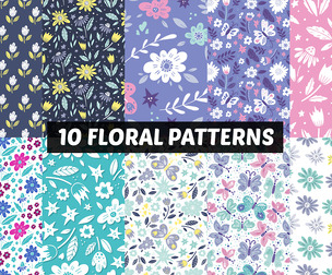 10 Vibrant Floral Seamless Patterns, Elegant Decorative Pastel Illustration, EPS File