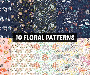 10 Floral Seamless Patterns, Vibrant Textile Botanical Art, EPS File
