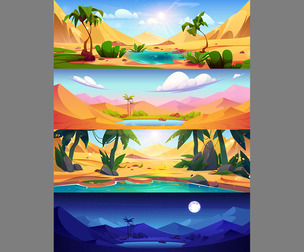 Desert Landscapes Illustrating Oasis, Nature Scenes, Daylight, Wilderness Adventure, EPS File